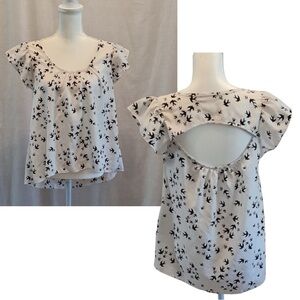 ANTHROPOLOGIE MAUVE Women's Black and White Bird Print Top